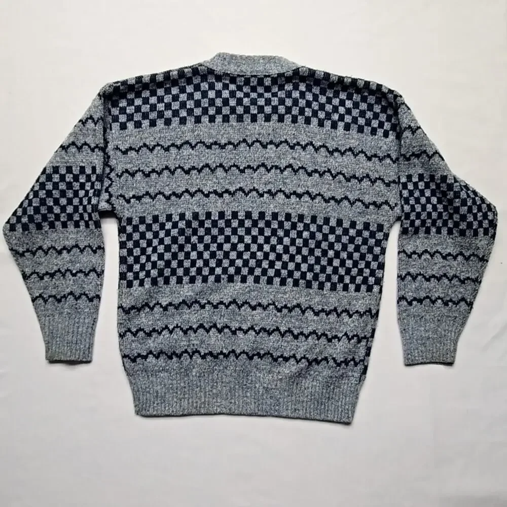 Vintage Checkered Pattern Sweater Campus Gray Blue Knit Mens Small 80s